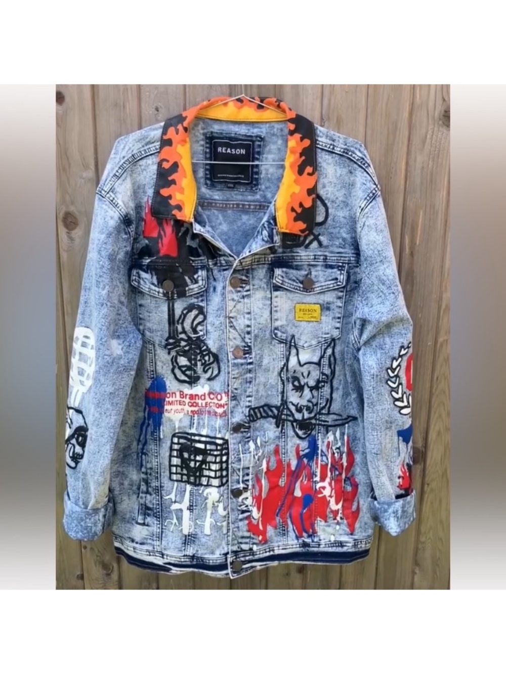 Men's Blue Graphic Denim Jacket with Red Flame Accents - Picture 3 of 10